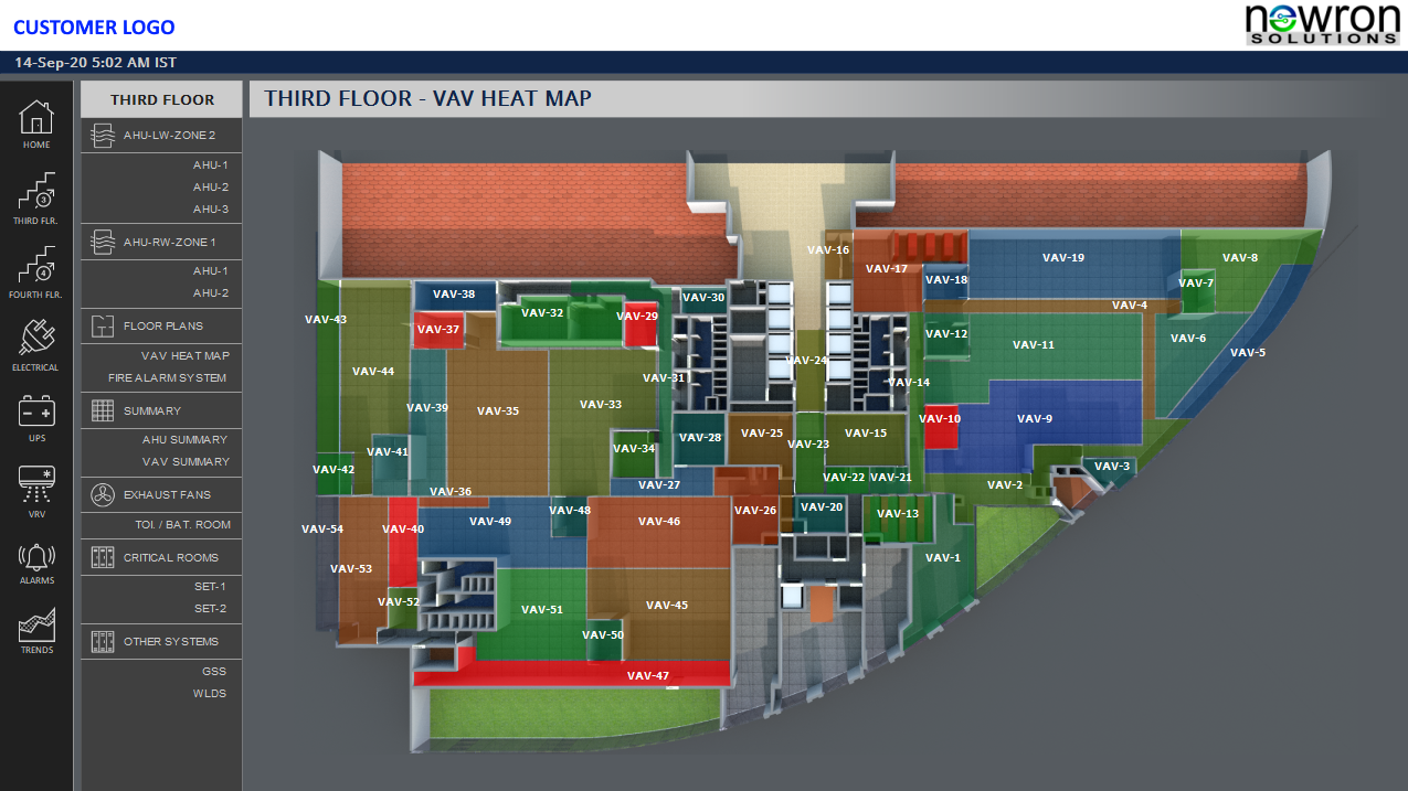 Floor plan thermal zoning with VAV and temperature indicators